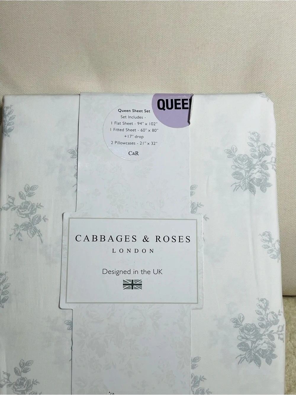 cabbages and roses London Gray Ditsy Floral Percale queen Sheet Set New